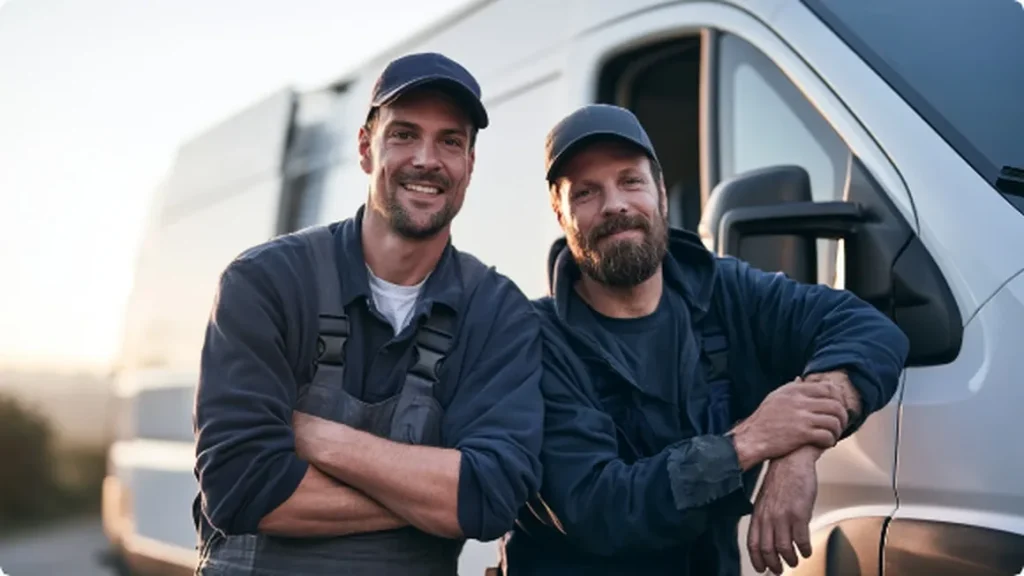 Well service crew by a work van in the Blue Ridge foothills
