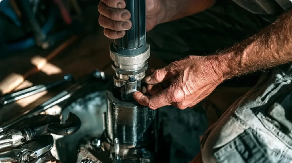 Technician hands installing a submersible well pump