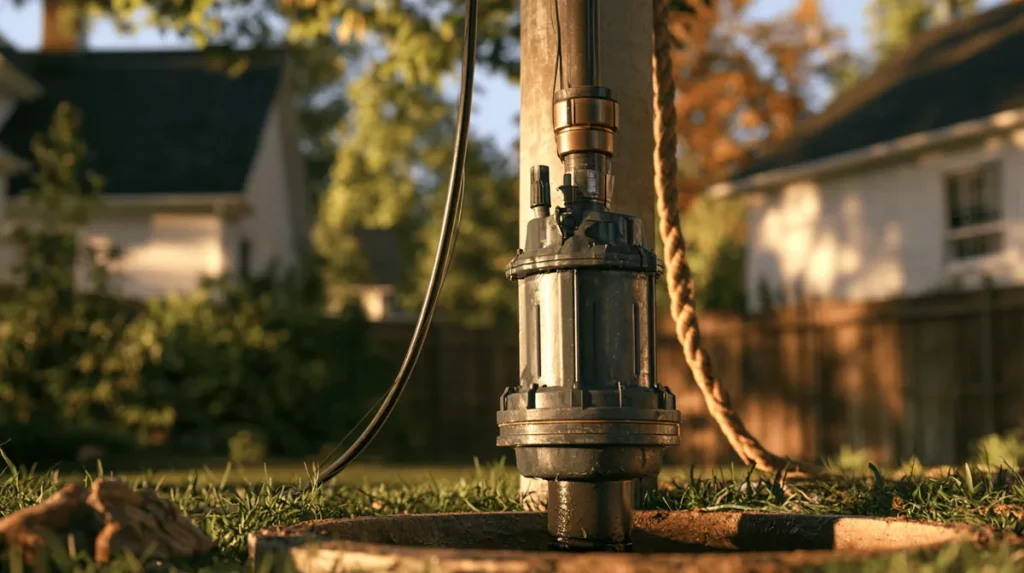 Submersible well pump being lowered into a deep well casing