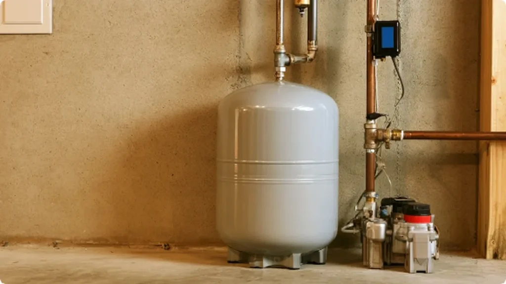 Pressure tank and switch assembly on a basement floor