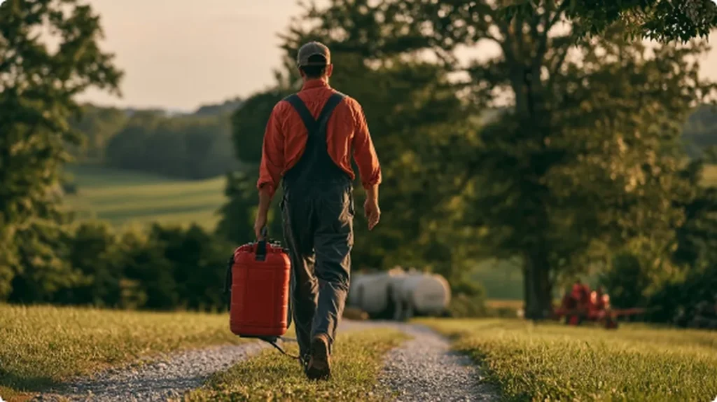 Technician carrying pump equipment on a Lynchburg gravel drive