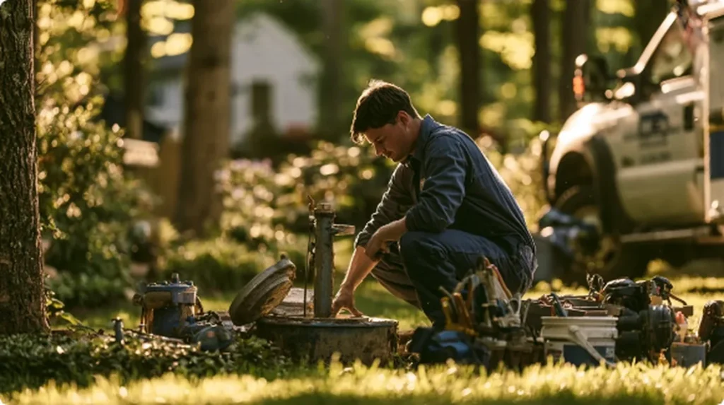 Well pump repair technician at a residential well head in Roanoke VA