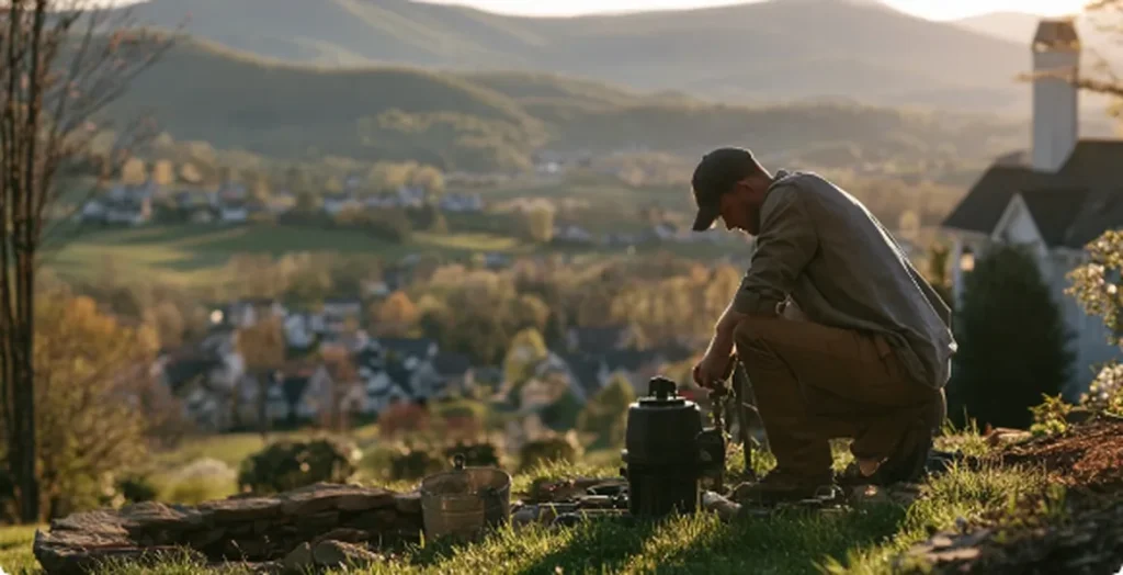 Technician checking a well pump overlooking Roanoke Valley