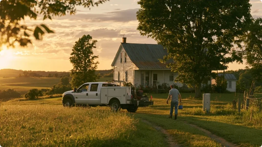 Service truck and technician with submersible pump at a Virginia farmhouse
