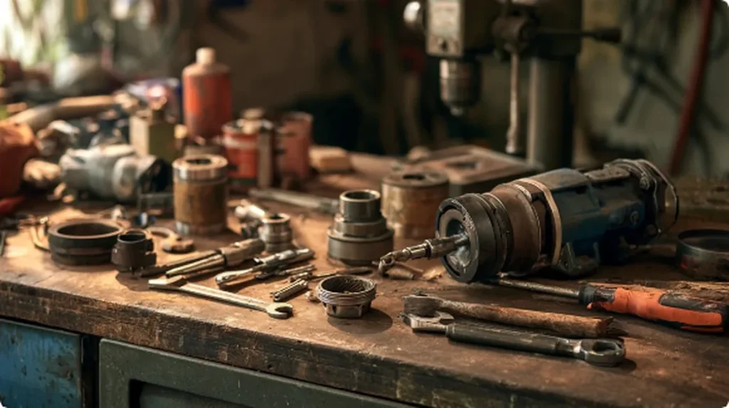 Well pump tools and spare parts on a workbench